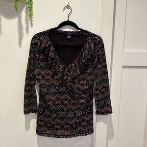 Chaps Women's Euro Geometric Print V -Neck Ruffle Collar Micro Mesh Top Size XL